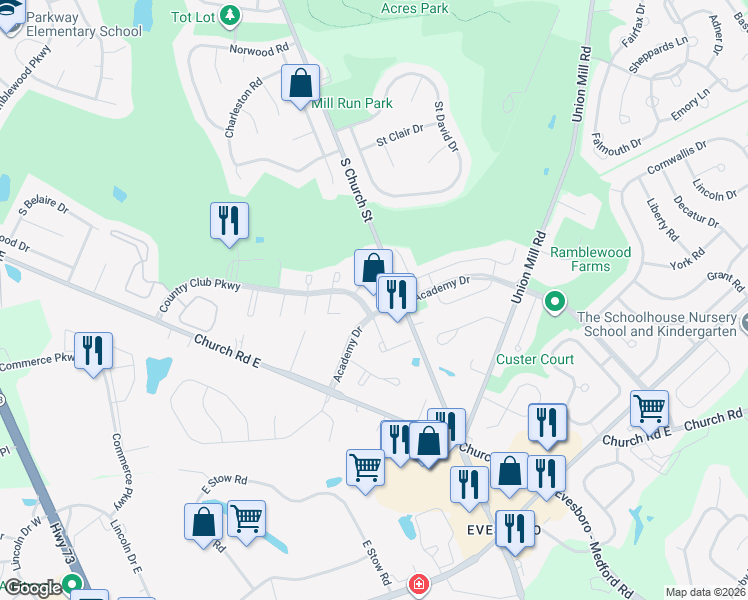 map of restaurants, bars, coffee shops, grocery stores, and more near 2000 Academy Drive in Mount Laurel Township