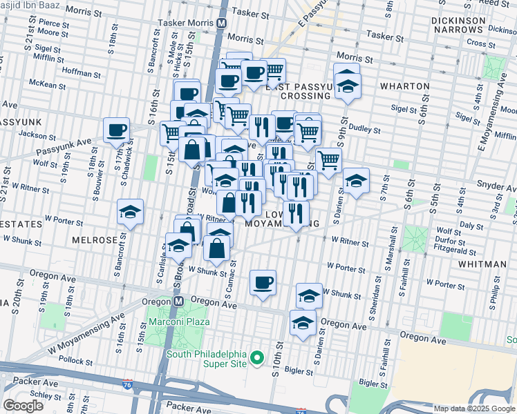 map of restaurants, bars, coffee shops, grocery stores, and more near 1143 Durfor Street in Philadelphia