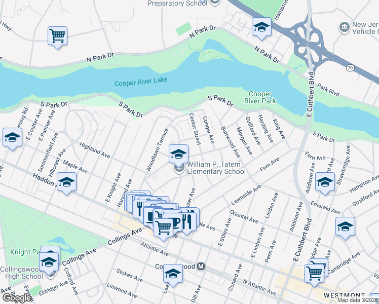 map of restaurants, bars, coffee shops, grocery stores, and more near 401 Woodlawn Avenue in Collingswood