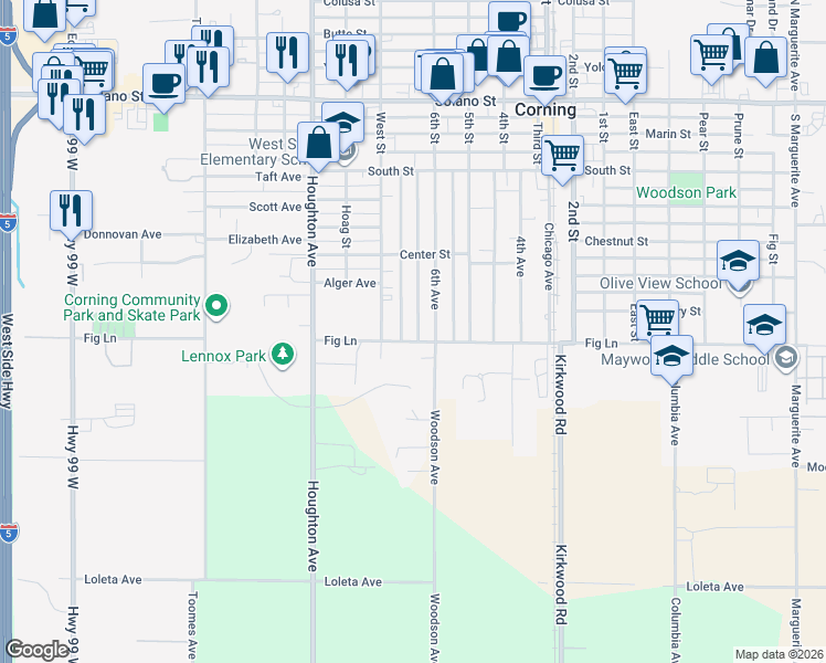 map of restaurants, bars, coffee shops, grocery stores, and more near 1410 Fig Ln in Corning