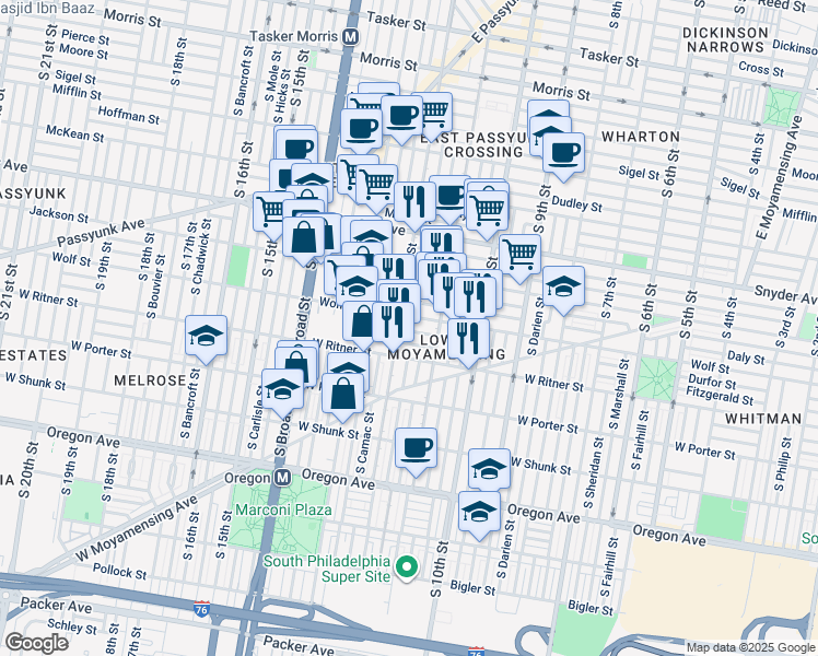 map of restaurants, bars, coffee shops, grocery stores, and more near 1143 Durfor Street in Philadelphia