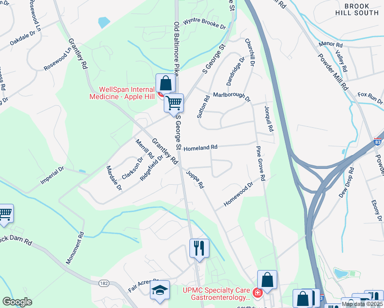 map of restaurants, bars, coffee shops, grocery stores, and more near 38 Homeland Road in York
