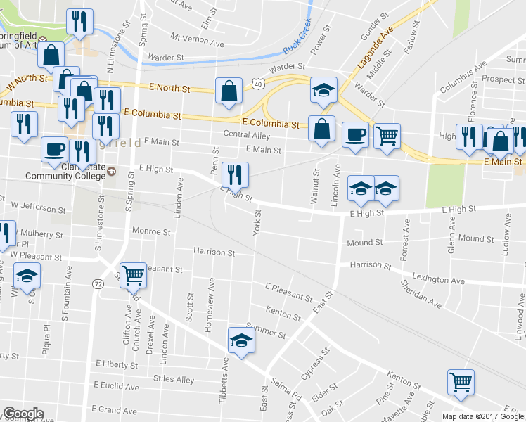 map of restaurants, bars, coffee shops, grocery stores, and more near 709 East High Street in Springfield