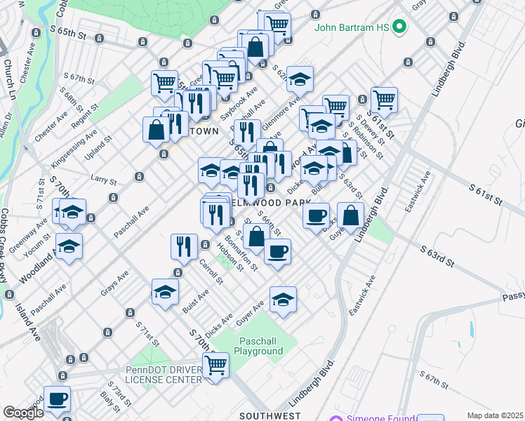 map of restaurants, bars, coffee shops, grocery stores, and more near 2519 South 66th Street in Philadelphia