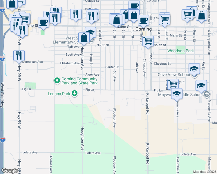 map of restaurants, bars, coffee shops, grocery stores, and more near 1568 Link Street in Corning