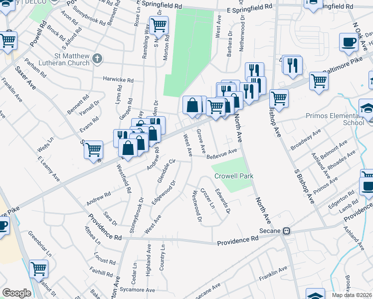 map of restaurants, bars, coffee shops, grocery stores, and more near 841 West Avenue in Springfield