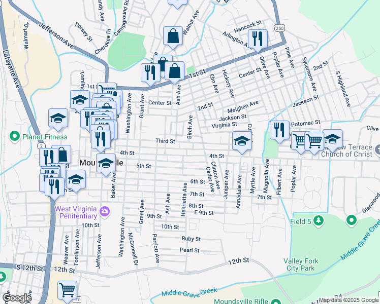 map of restaurants, bars, coffee shops, grocery stores, and more near 1510 4th St in Moundsville