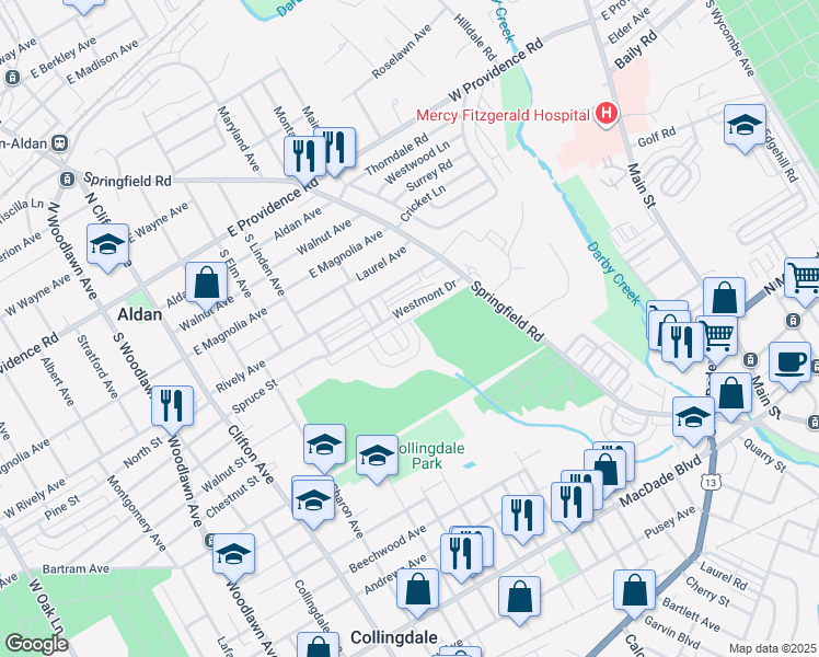 map of restaurants, bars, coffee shops, grocery stores, and more near 1017 Minden Lane in Collingdale