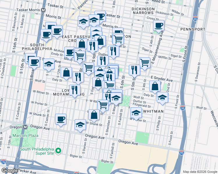 map of restaurants, bars, coffee shops, grocery stores, and more near 709 Daly Street in Philadelphia