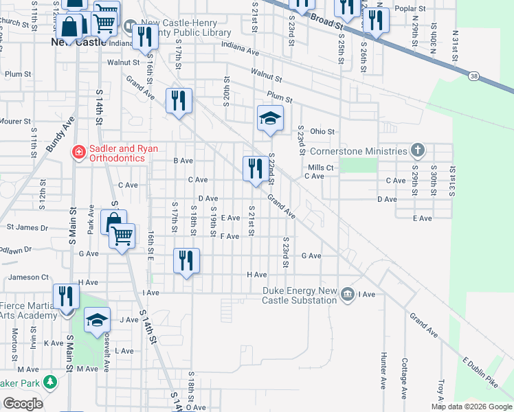map of restaurants, bars, coffee shops, grocery stores, and more near 1110 S 21st St in New Castle