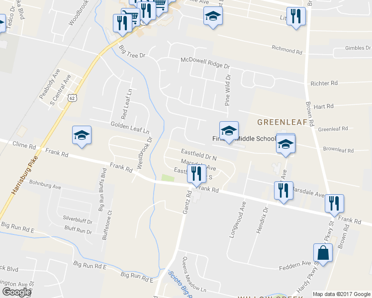 map of restaurants, bars, coffee shops, grocery stores, and more near 1734 Eastfield Drive North in Columbus