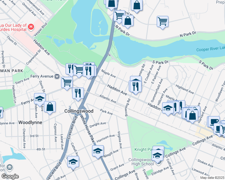 map of restaurants, bars, coffee shops, grocery stores, and more near 204 Haddon Avenue in Collingswood