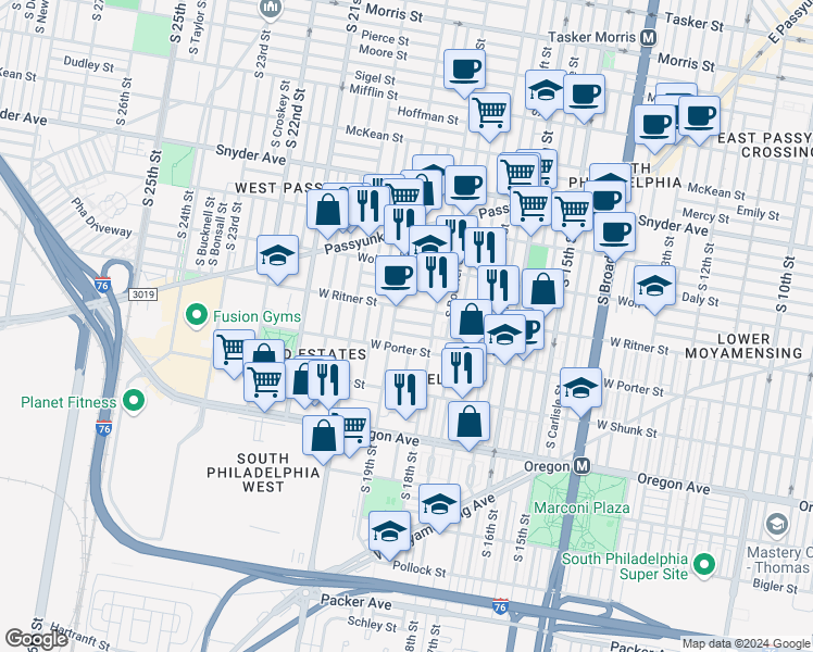 map of restaurants, bars, coffee shops, grocery stores, and more near 1838 Gladstone Street in Philadelphia