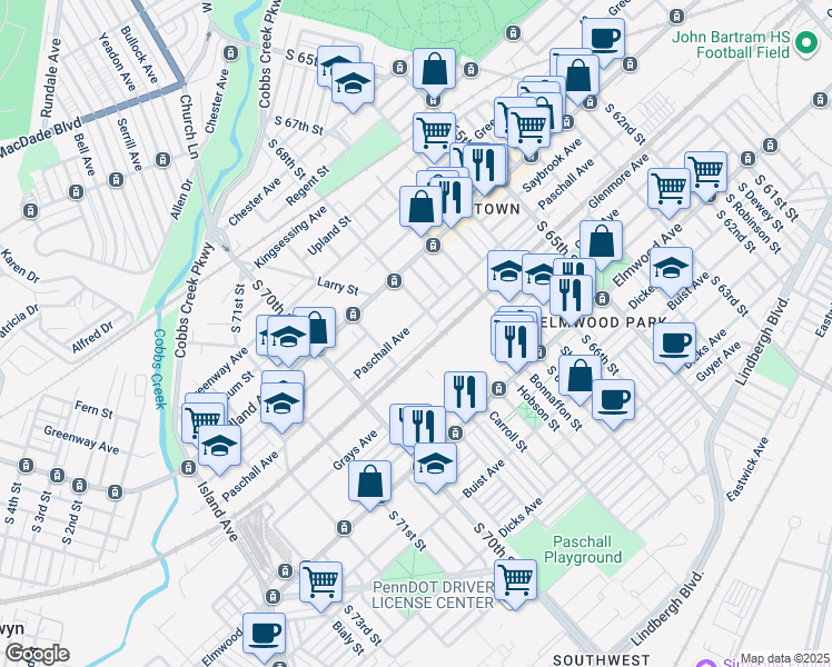 map of restaurants, bars, coffee shops, grocery stores, and more near 6816 Paschall Avenue in Philadelphia