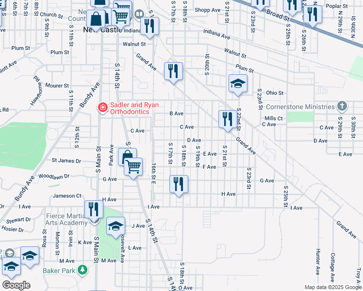 map of restaurants, bars, coffee shops, grocery stores, and more near 1111 South 18th Street in New Castle