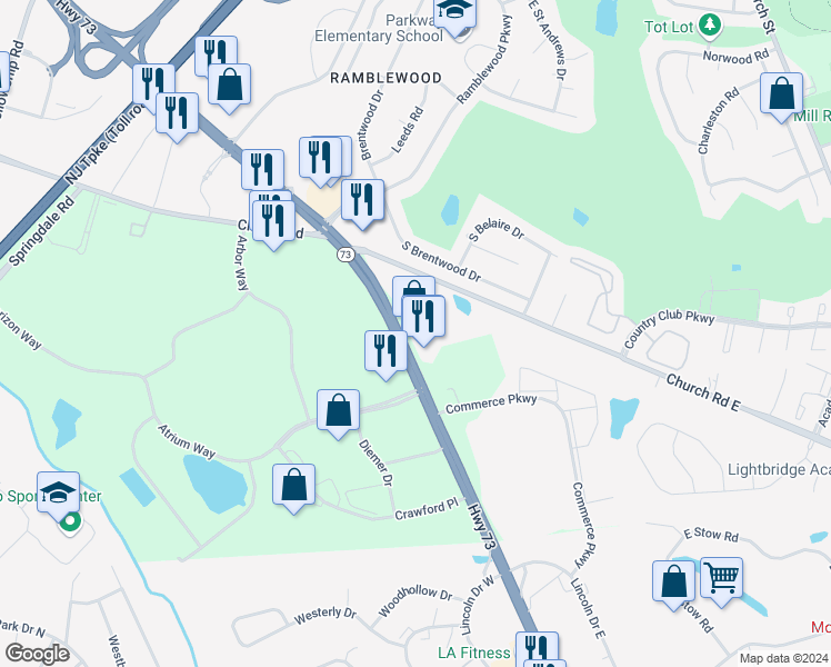 map of restaurants, bars, coffee shops, grocery stores, and more near 1211 New Jersey 73 in Mount Laurel Township