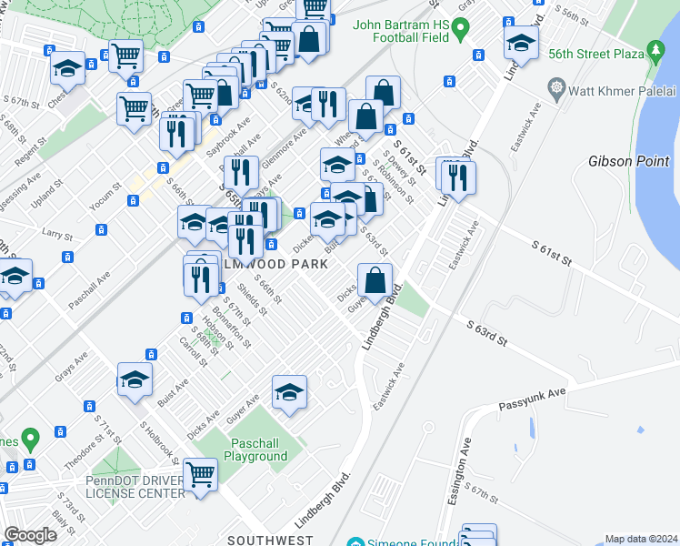 map of restaurants, bars, coffee shops, grocery stores, and more near 6407 Chelwynde Avenue in Philadelphia