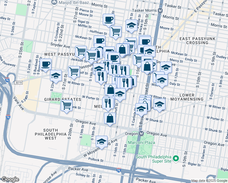 map of restaurants, bars, coffee shops, grocery stores, and more near 1632 West Ritner Street in Philadelphia