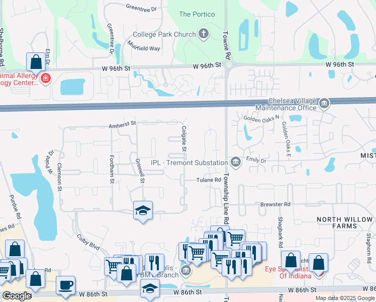 map of restaurants, bars, coffee shops, grocery stores, and more near 9209 Colgate Street in Indianapolis