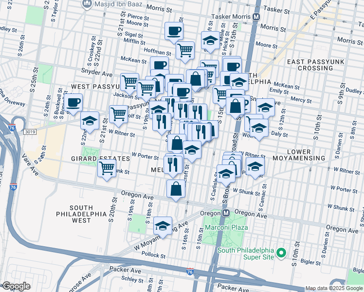 map of restaurants, bars, coffee shops, grocery stores, and more near 1634 W Ritner St in Philadelphia