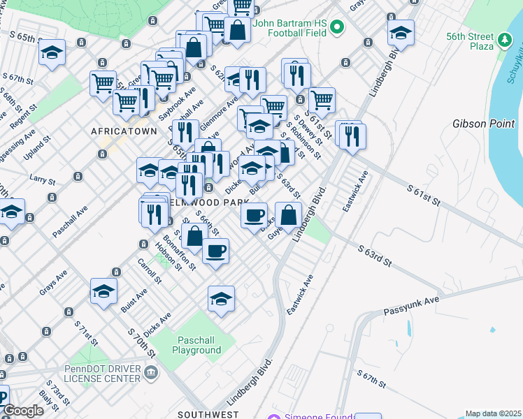 map of restaurants, bars, coffee shops, grocery stores, and more near 6407 Chelwynde Avenue in Philadelphia