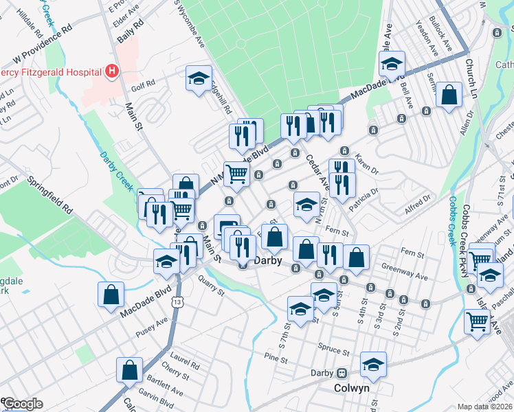 map of restaurants, bars, coffee shops, grocery stores, and more near 135 North 9th Street in Darby