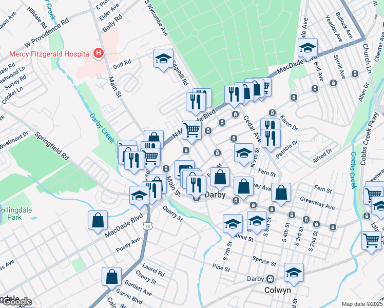 map of restaurants, bars, coffee shops, grocery stores, and more near 929 Ridge Avenue in Darby