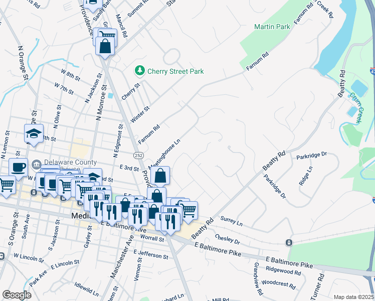 map of restaurants, bars, coffee shops, grocery stores, and more near 204 Hidden Acres Lane in Media