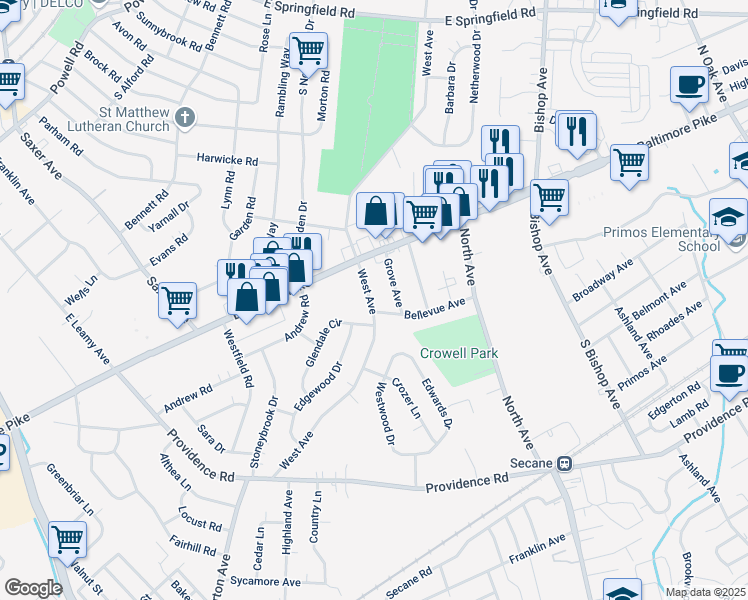 map of restaurants, bars, coffee shops, grocery stores, and more near 841 West Avenue in Springfield