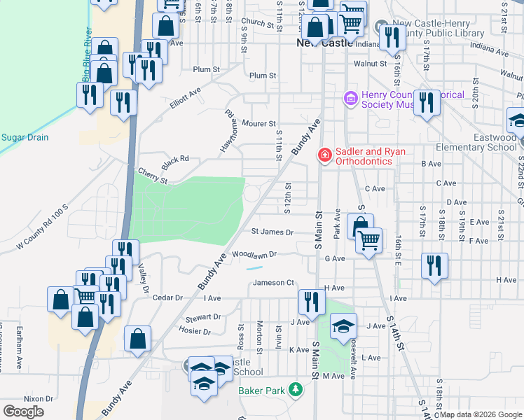 map of restaurants, bars, coffee shops, grocery stores, and more near 1108 Audubon Road in New Castle