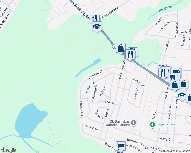 map of restaurants, bars, coffee shops, grocery stores, and more near 99 Pheasant Drive in Ocean County