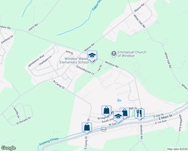 map of restaurants, bars, coffee shops, grocery stores, and more near 41 Schoolhouse Lane in Windsor