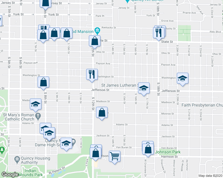 map of restaurants, bars, coffee shops, grocery stores, and more near 844 South 14th Street in Quincy