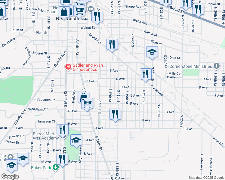 map of restaurants, bars, coffee shops, grocery stores, and more near 1111-1115 South 18th Street in New Castle