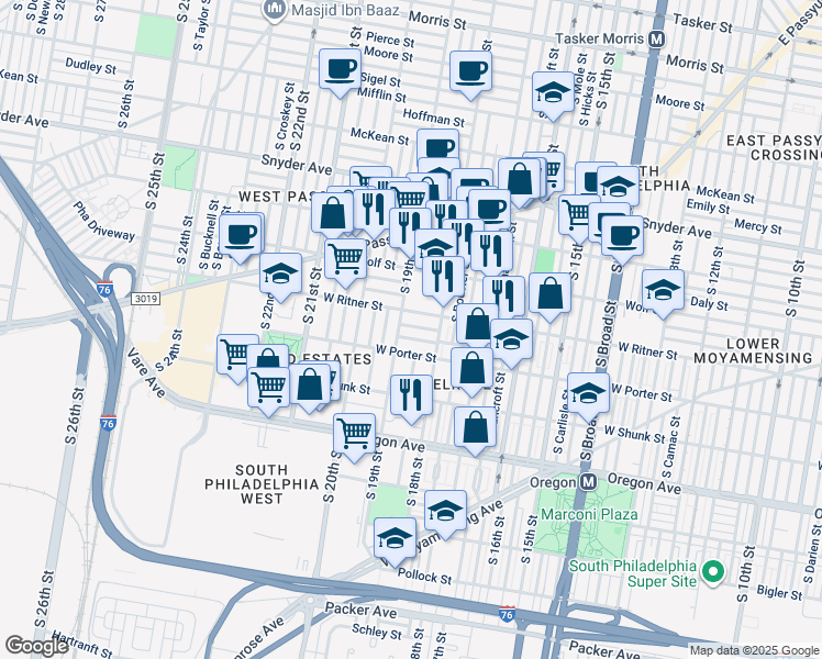 map of restaurants, bars, coffee shops, grocery stores, and more near 1840 Gladstone Street in Philadelphia
