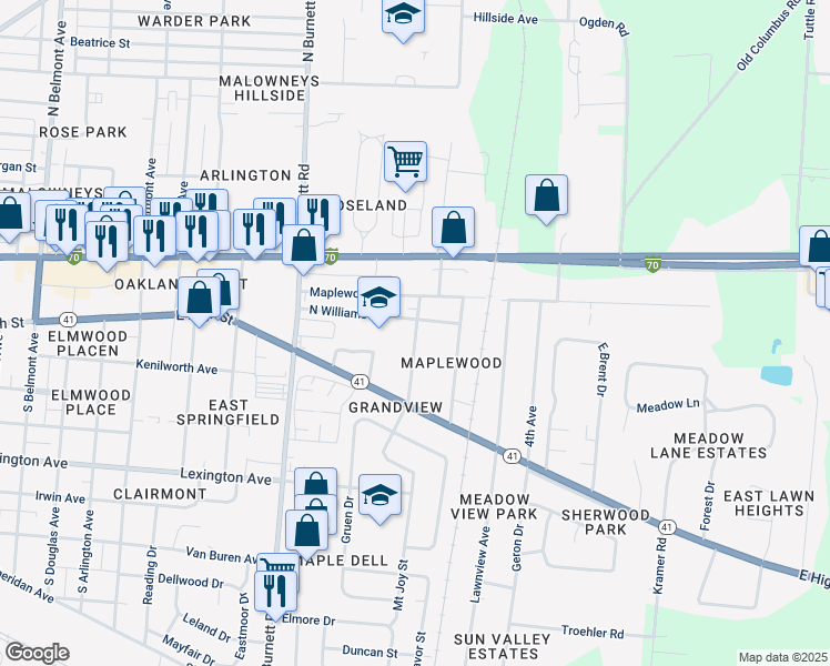 map of restaurants, bars, coffee shops, grocery stores, and more near 147 South Fostoria Avenue in Springfield