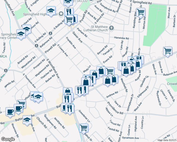 map of restaurants, bars, coffee shops, grocery stores, and more near 213 Wells Lane in Springfield