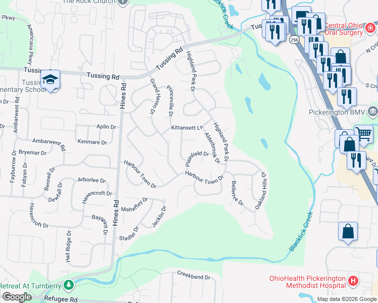 map of restaurants, bars, coffee shops, grocery stores, and more near 7594 Plainfield Drive in Pickerington