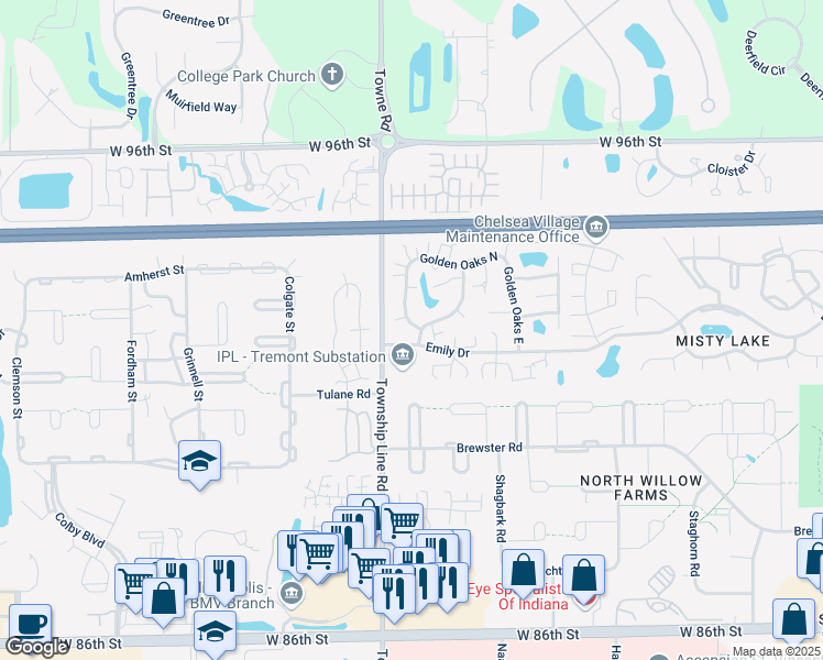 map of restaurants, bars, coffee shops, grocery stores, and more near 9192 Golden Leaf Way in Indianapolis