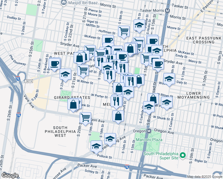 map of restaurants, bars, coffee shops, grocery stores, and more near 2412 South Bouvier Street in Philadelphia