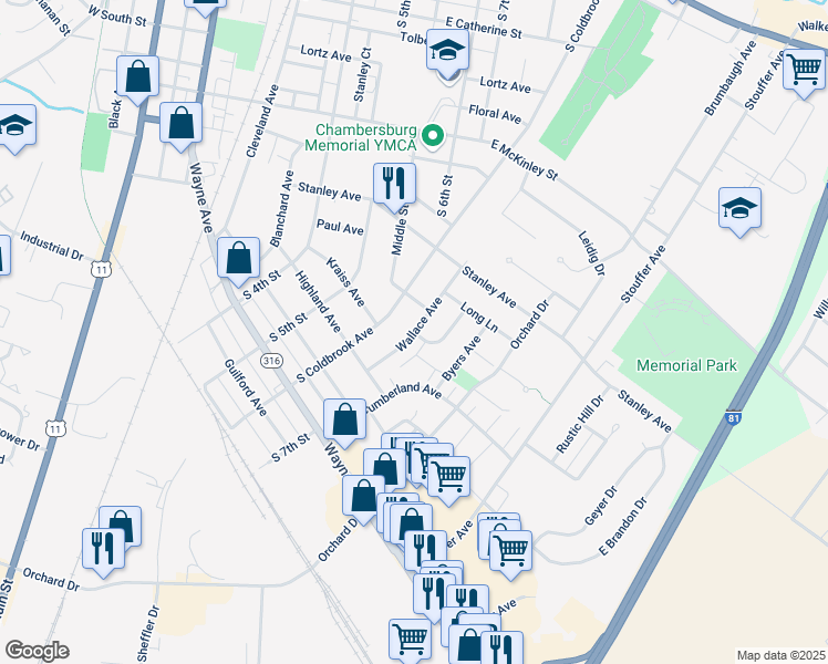 map of restaurants, bars, coffee shops, grocery stores, and more near 1009 Wallace Avenue in Chambersburg