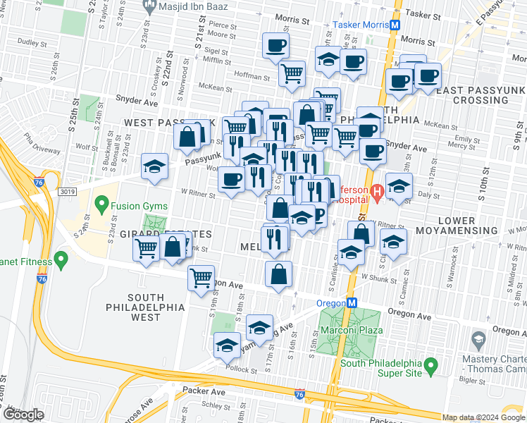 map of restaurants, bars, coffee shops, grocery stores, and more near 2412 South Bouvier Street in Philadelphia