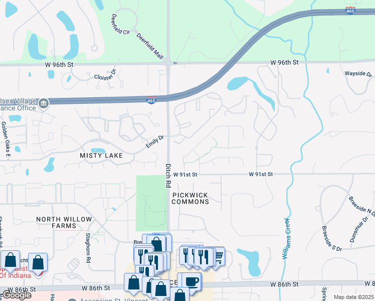map of restaurants, bars, coffee shops, grocery stores, and more near 1314 Selkirk Lane in Indianapolis