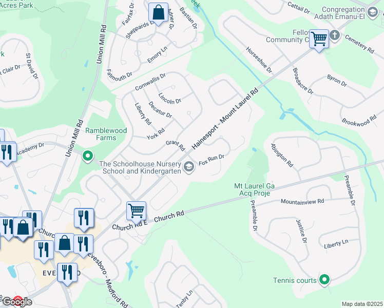 map of restaurants, bars, coffee shops, grocery stores, and more near 56 Fox Run Drive in Mount Laurel Township