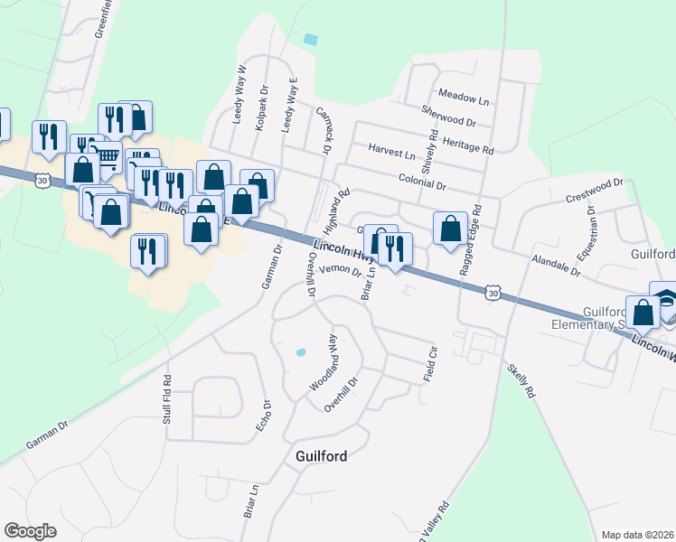 map of restaurants, bars, coffee shops, grocery stores, and more near 44 Vernon Drive in Guilford