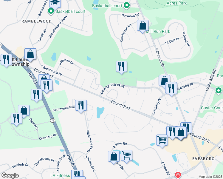 map of restaurants, bars, coffee shops, grocery stores, and more near 903 Cypress Point Circle in Mount Laurel Township