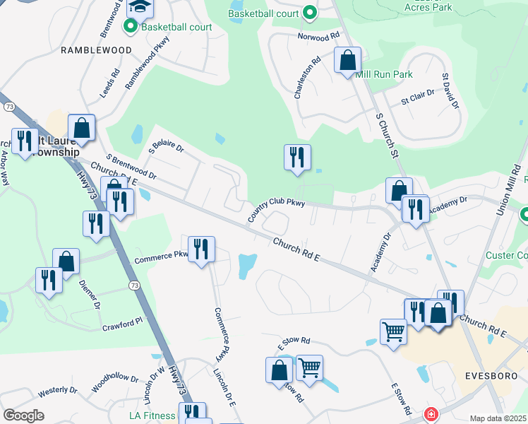 map of restaurants, bars, coffee shops, grocery stores, and more near 903 Cypress Point Circle in Mount Laurel Township