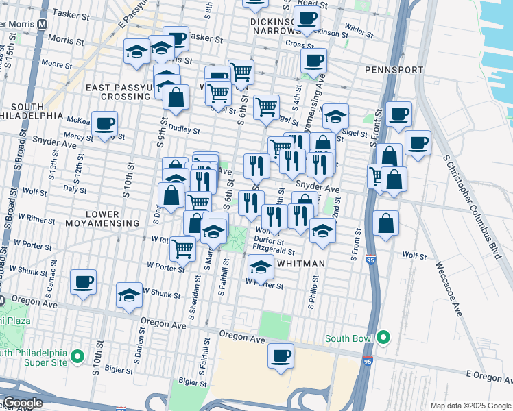 map of restaurants, bars, coffee shops, grocery stores, and more near 424 Jackson Street in Philadelphia