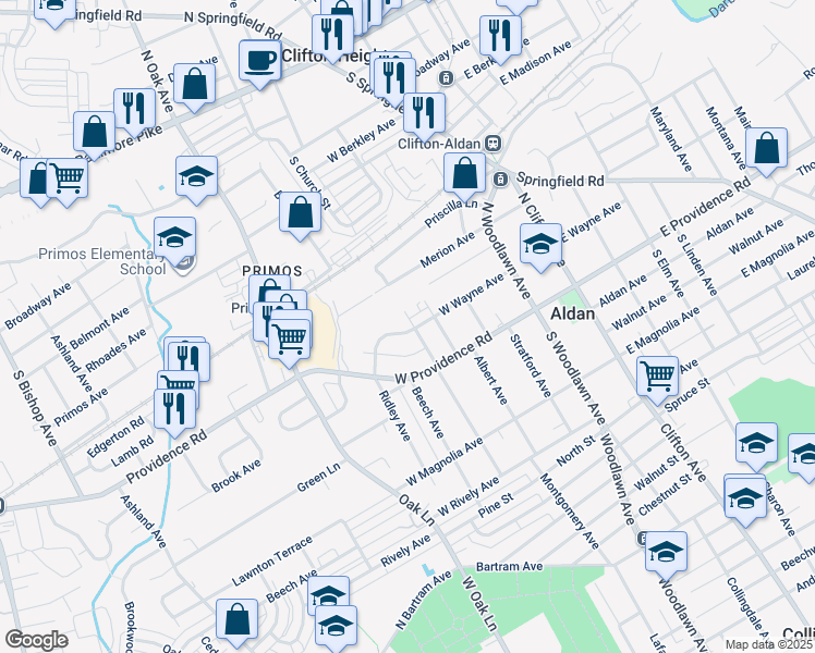 map of restaurants, bars, coffee shops, grocery stores, and more near 407 West Wayne Avenue in Aldan