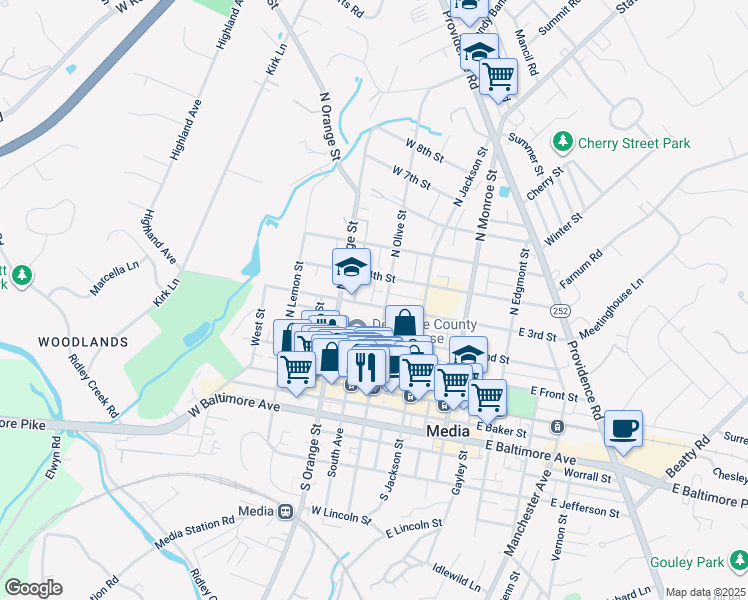 map of restaurants, bars, coffee shops, grocery stores, and more near 125 West 3rd Street in Media